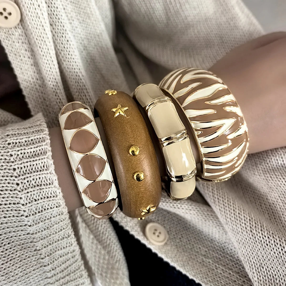 KMVEXO Irregular Enamel Spring Metal Chunky Bangles For Women Geometric Wood Wide Cuff Bracelet Punk Hip Hop Statement Jewelry ﻿