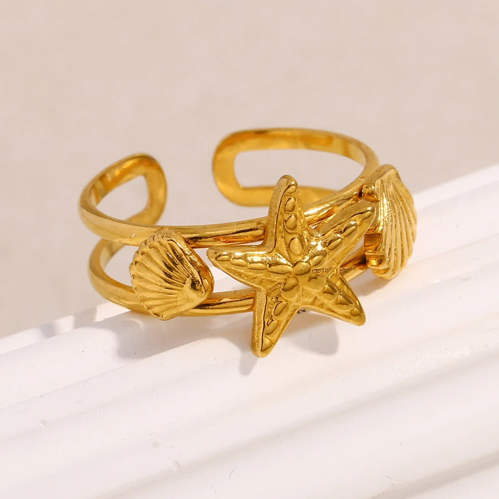 E.B.belle Ocean Style Double Layer Starfish Shell Opening Ring For Women Stainless Steel Gold Plated Vacation Chic Jewelry