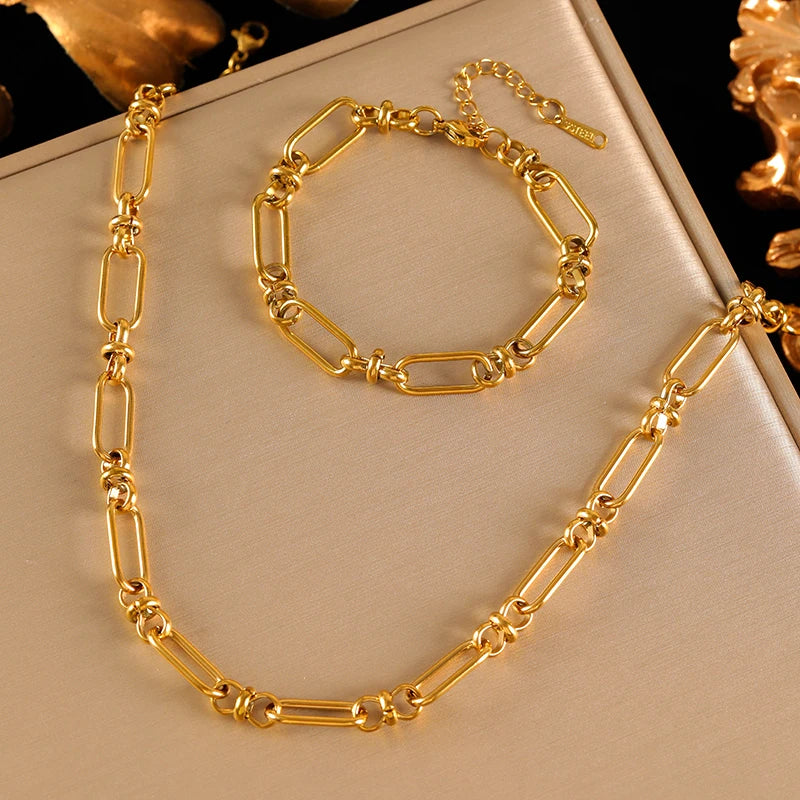 \EILIECK Stainless Steel Metal Gold Color Chain Necklace Bracelet For Women New Fashion Waterproof Collar Jewelry Set Gift Party