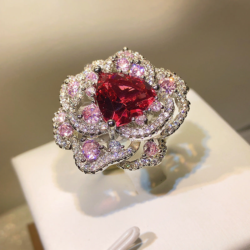 925 Silver High Carbon Diamond Color Ice Flower Cut Open Flower Ring Ladies Birthday Cocktail Party Jewelry Gift Wholesale