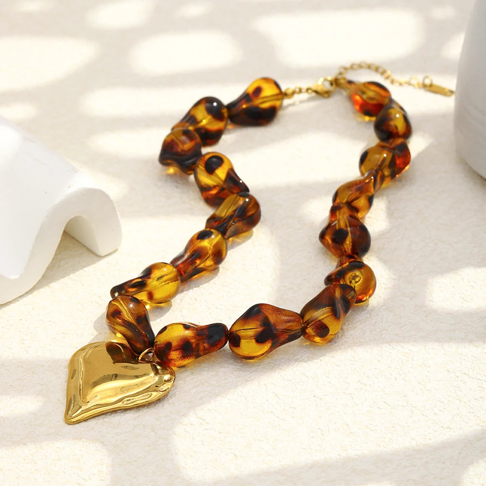E.B.belle Leopard Print Natural Stone String Necklace With Heart Pendant Charm Personalized Design For Daily Life Birthday Party