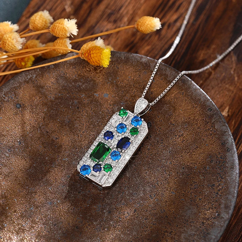 Huitan Blue/Green Cubic Zirconia Pendant Necklace for Women Luxury Trendy Bridal Wedding Neck Accessories Silver Color Jewelry