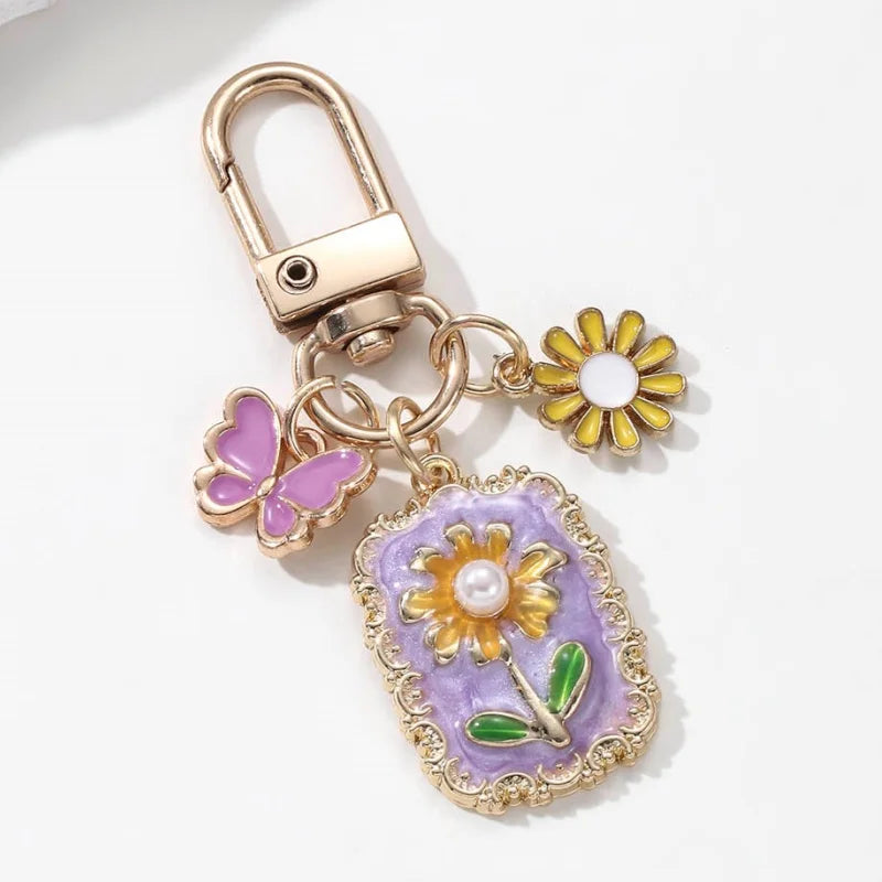 Pretty Flower Pearl Butterfly Enamel Keychain Cartoon Baroque style Plant Key Ring For Women Girls Handmade Gift DIY Jewelry