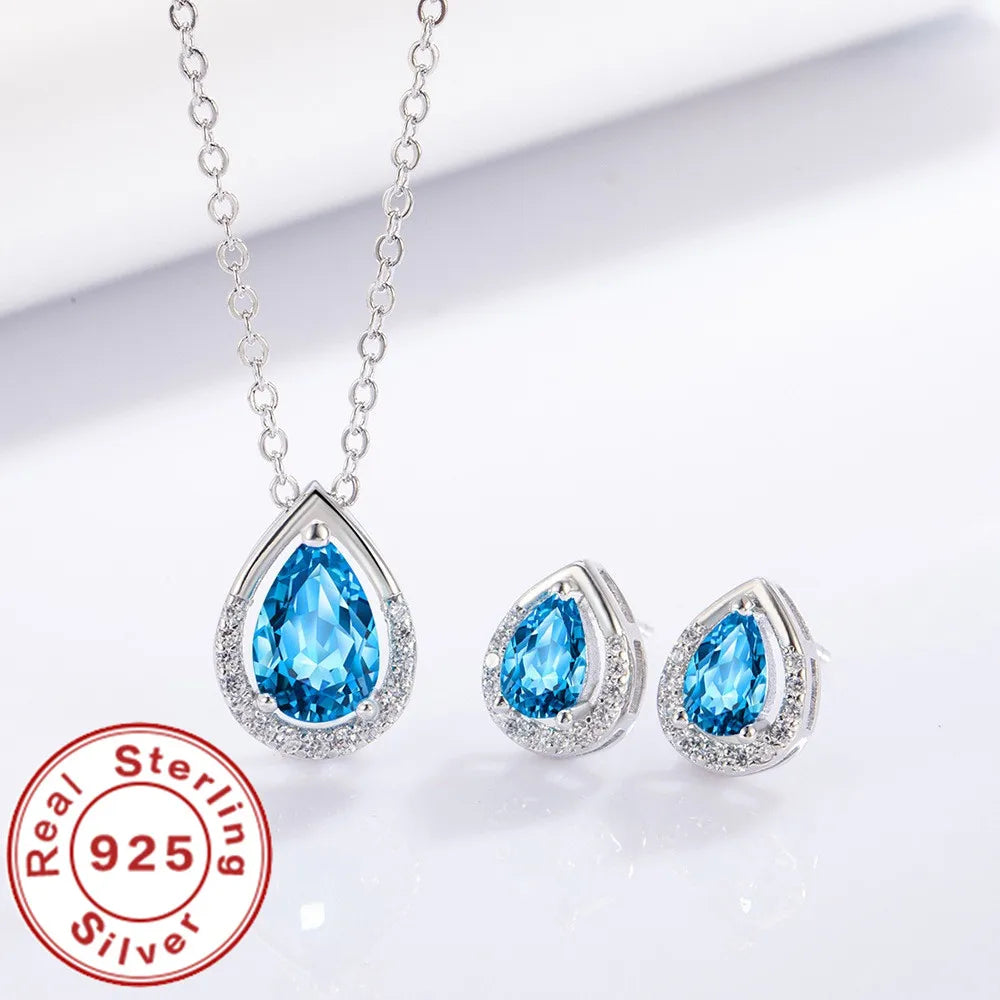 925 Sterling Silver Teardrop Shape Blue CZ Pendant Necklace Earrings Set for Women Wedding Necklace Gift Jewelry