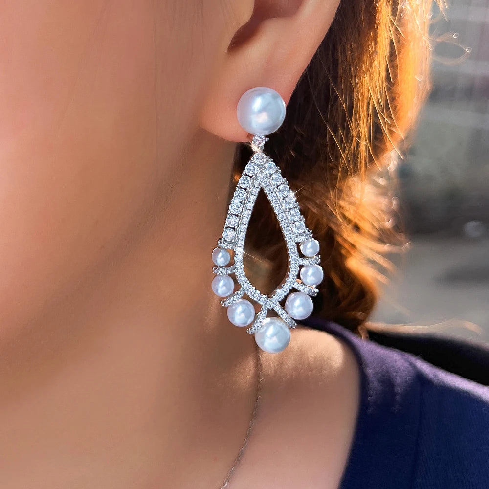 ThreeGraces Brilliant Cubic Zirconia Long Dangle Simulated Pearl Earrings for Women Luxury Bridal Wedding Party Jewelry E1376