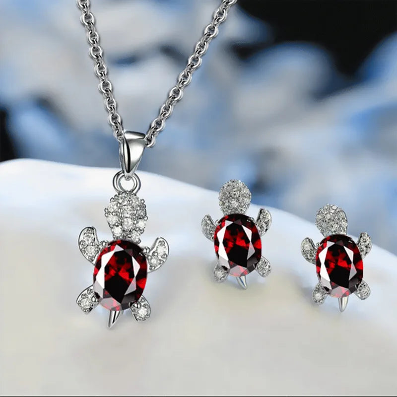 Multicolor Rhinestones Turtle Necklace Earrings sets for Women 14k Platinum Plated 3 Pcs Jewelry Set Female Party Wedding Gifts