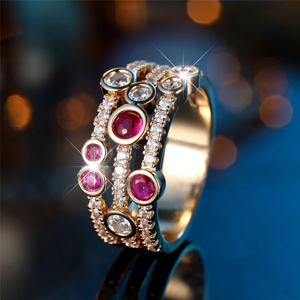 Cute Female Rose Red Zircon Stone Gold Color Wedding Jewelry Promise Engagement Rings For Women