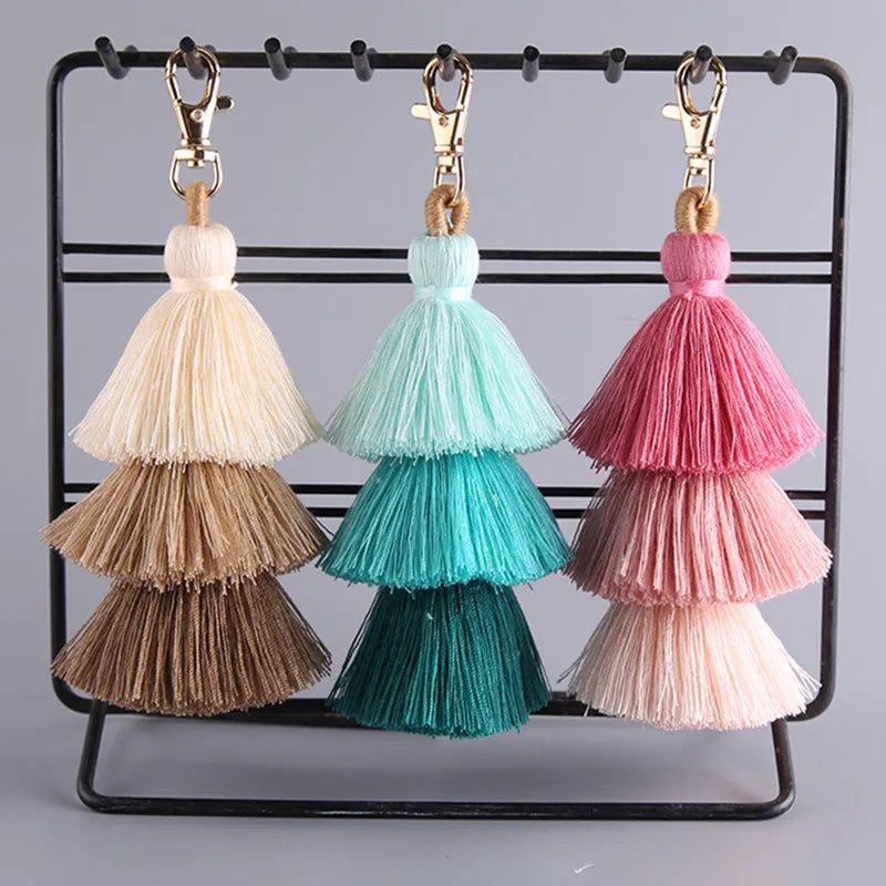 Boho Colorful Three-layer Tassels Pendant Keychains Ethnic Style Handmade Tassel Drop Jewelry Gifts Bag Accessory