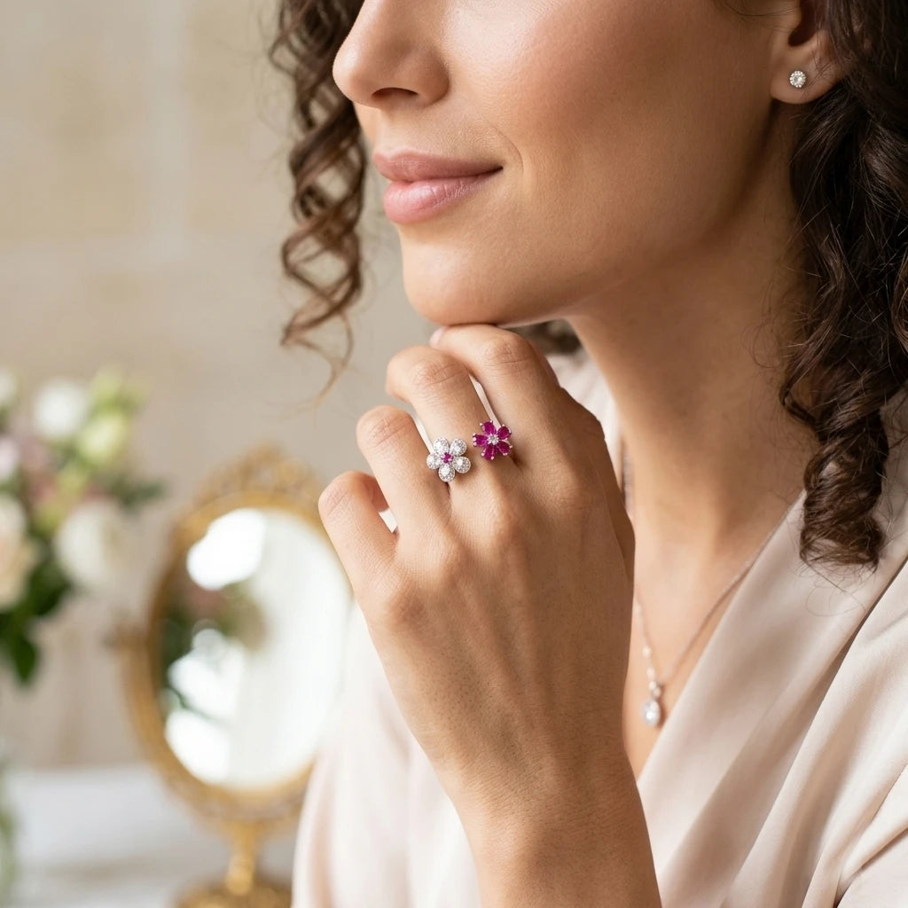 Ladies Silver Adjustable Open Ring with Pink White Flower Design Daily Wearable Fashion Jewelry Gift for Female Friends