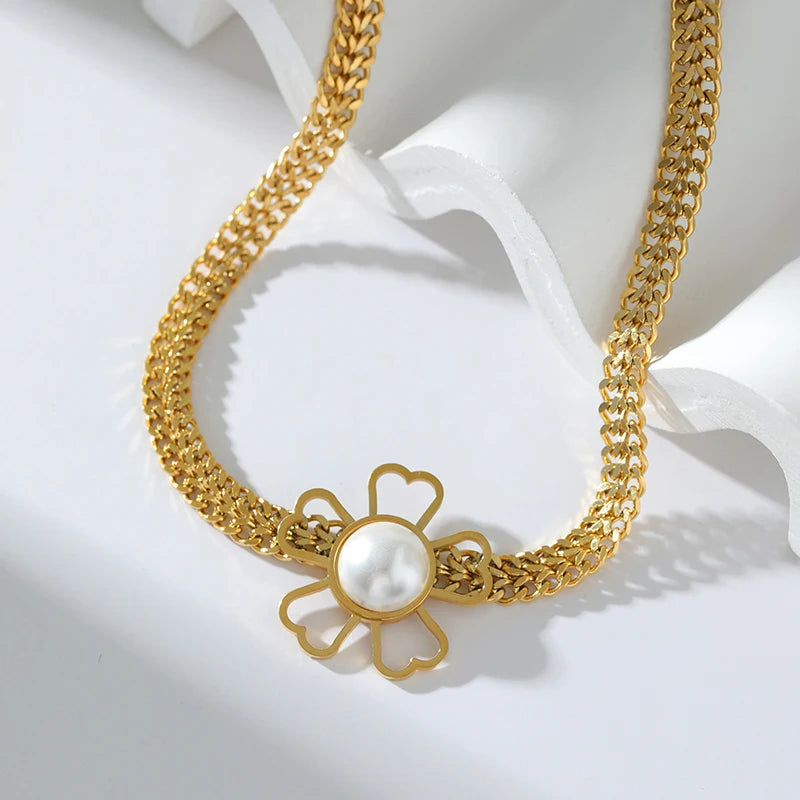EILIECK 316L Stainless Steel Large Flower White Pearl Necklace For Women Fashion New Party Gift Neck Chain Waterproof Jewelry