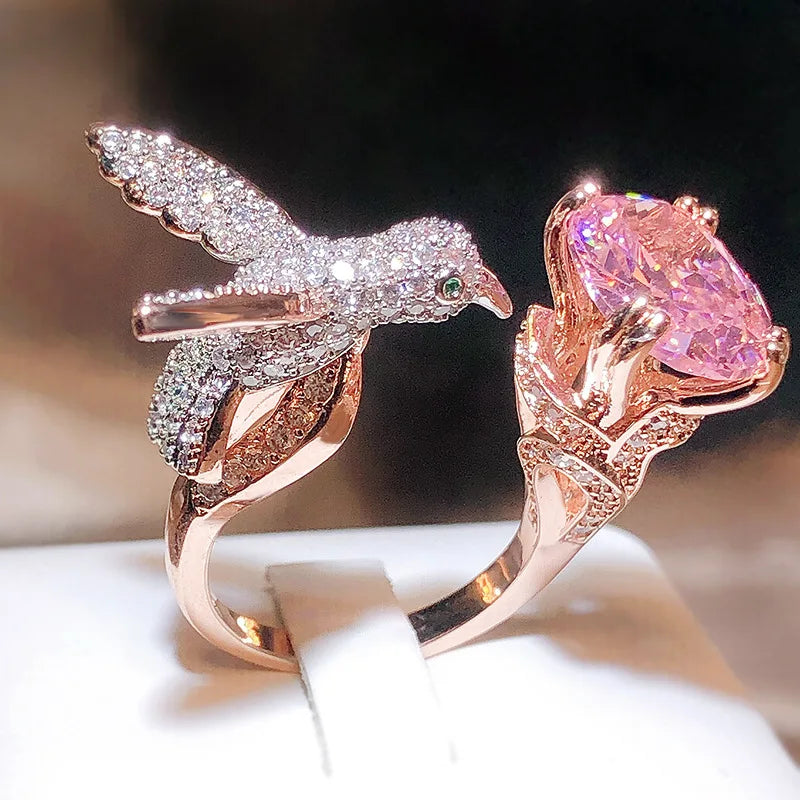 Creative Colored Gemstone Women Ring Simulating St. Mary's Aquamarine Hummingbird Ring 925 Stamp Wedding Party Fashion Jewellery