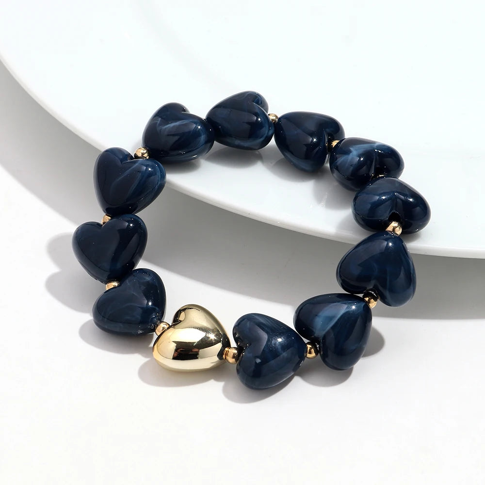 Sweet Resin Love Heart Beads Elastic Bracelets for Women Cute Geometric Heart Shape Stretch Bracelet Party Jewelry Gifts
