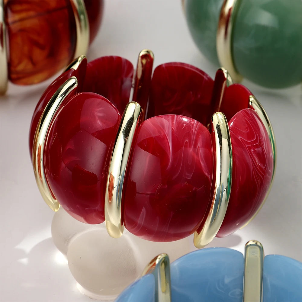 Fashion Acrylic Colorful Wide Elastic Geometric Petal Bangle Bracelets Exaggerate Curved Beads Cuff Bracelet Gifts for Women
