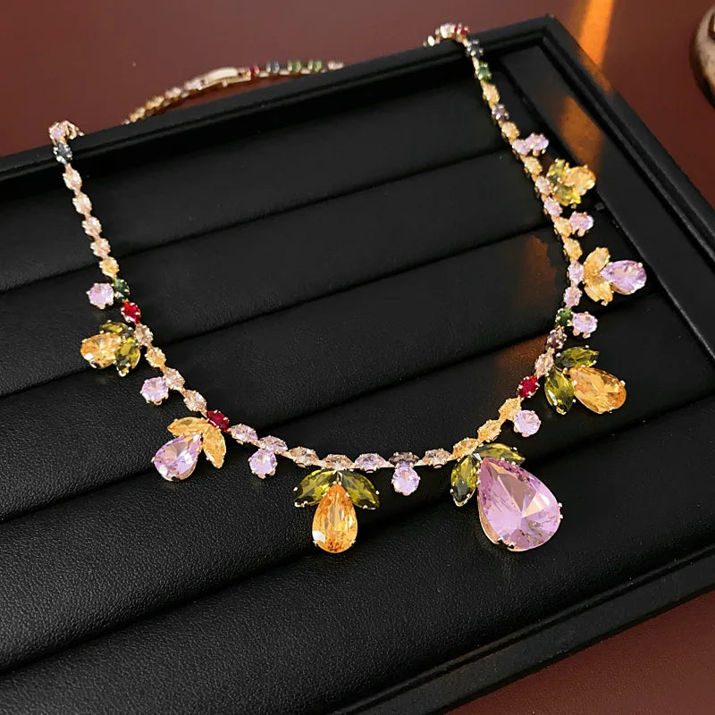 Colorful Zircon Flowers Water Drop Earrings Pendant Necklace Women's Charm Elegant Fashion Jewelry Set Accessories Party Dress G
