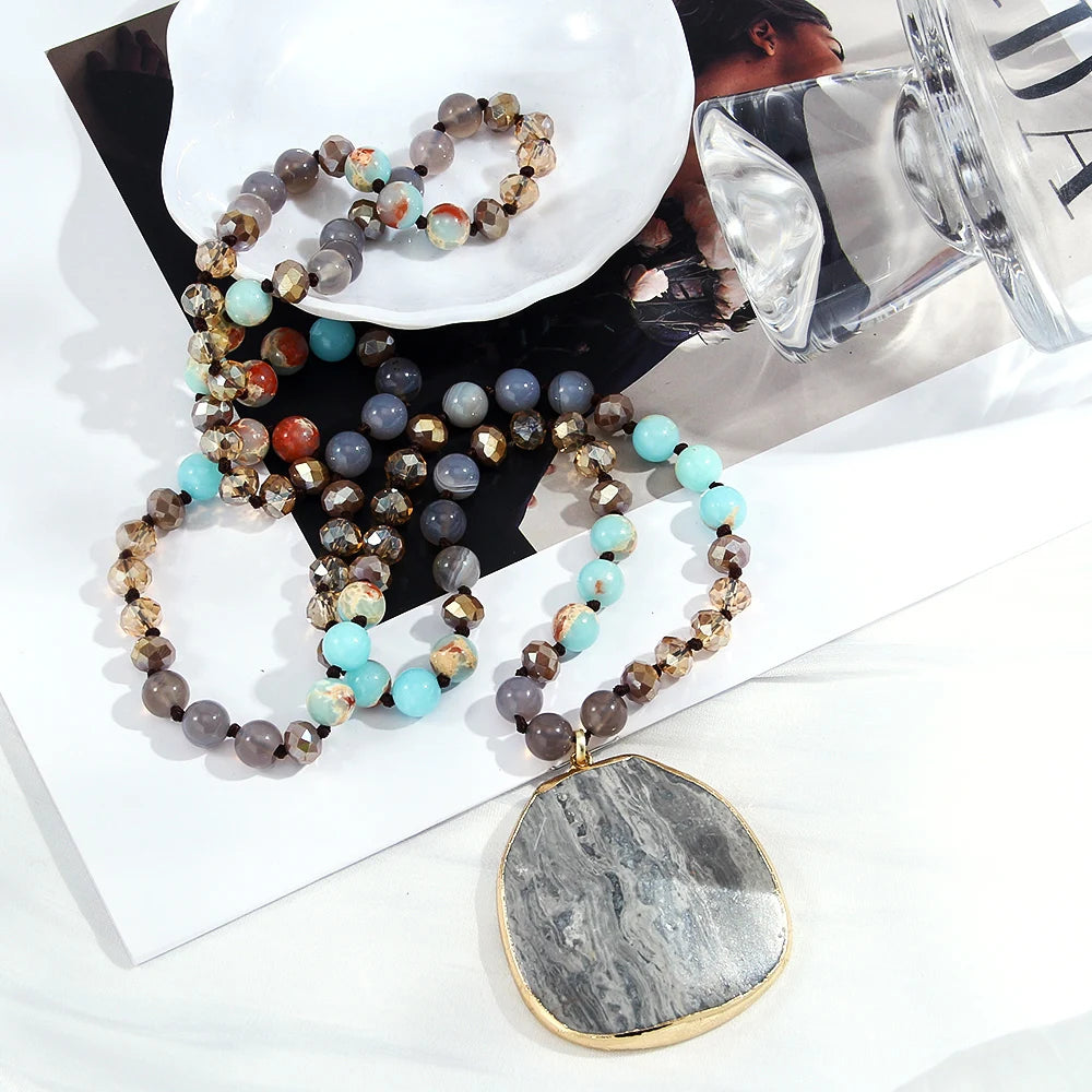 Women Fashion Bohemian Style 8mm Multicolor Natural Stone Glass Knotted Necklace Irregular Cut Surface Heavy Stone Pendant