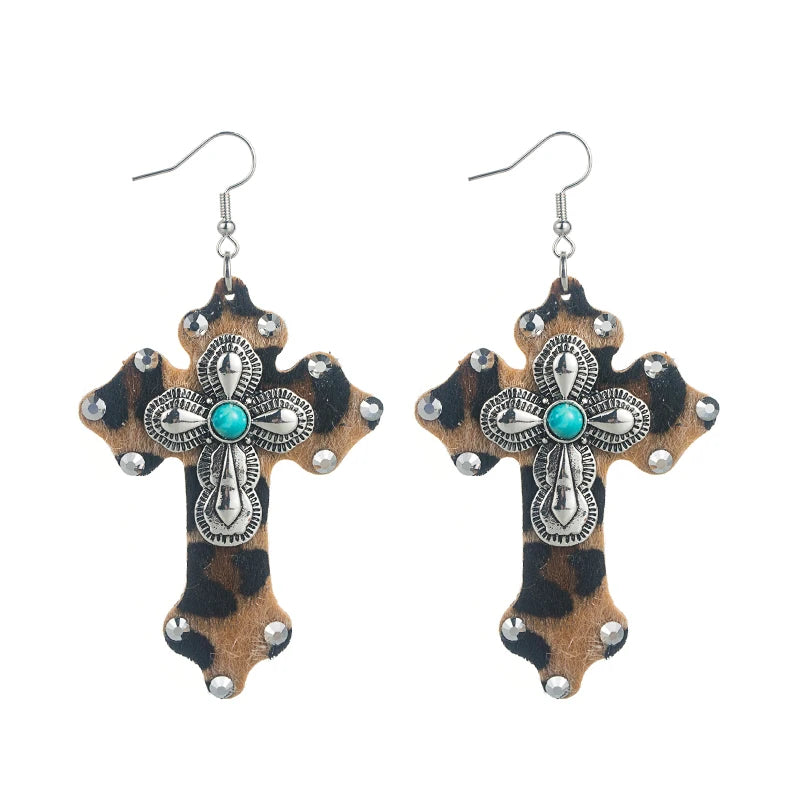 Hot Selling Earrings, European and American Trends, Leopard Print Leather Cross eEarrings, Alloy Set With Turquoise Earrings
