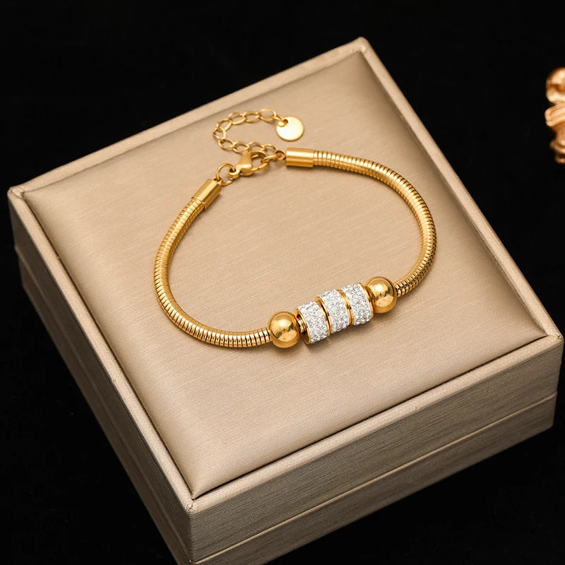 EILIECK 316L Stainless Steel Beads Rhinestones Bracelet For Women Girl New Trendy Waterproof Wrist Chain Bangles Jewelry Gift