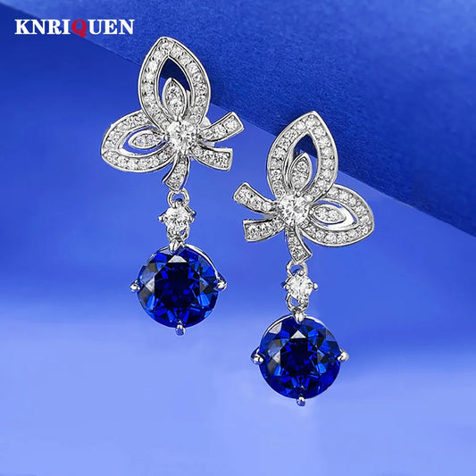 Charms 100% 925 Real Silver 8mm Pink Quartz Sapphire Bowknot Dangle Earrings for Women Lab Diamond Gemstone Wedding Fine Jewelry