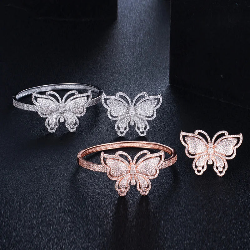 ThreeGrace Luxury Sparkling Cubic Zirconia Wedding Bridal Party Big Butterfly Finger Ring and Bangle Jewelry Set for Women JS543