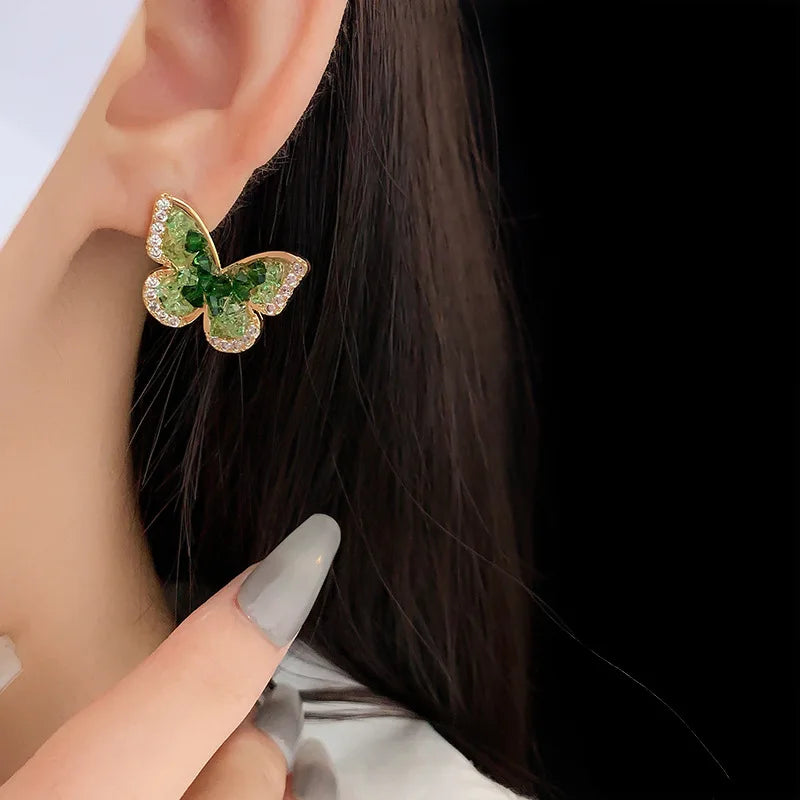 Gold Plating Zircon Green Crystal Butterfly Stud Earrings for Women Partysu Fashion Earring Luxury Silver Jewelry New