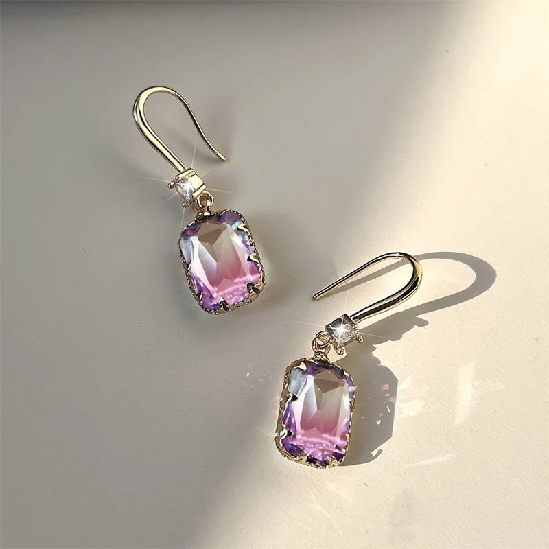 Cute Female Red Green Rainbow Drop Earrings Luxury White Crystal Earrings Yellow Gold Color Wedding Earrings For Women
