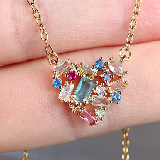 Small Geometric Heart Charm Cute  Female Rainbow Zircon Stone Pendant Necklace Vintage Gold Color Wedding Jewelry For Women