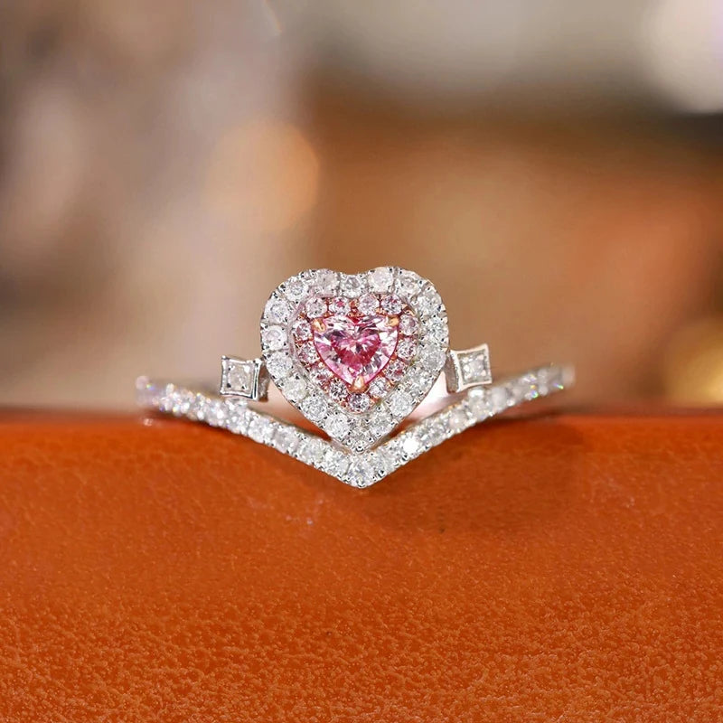 Luxury Heart Shape Pink 925 Silver Color Cute Fashion Promise Ring for Women Girl Party Wedding Gift Trendy Jewelry