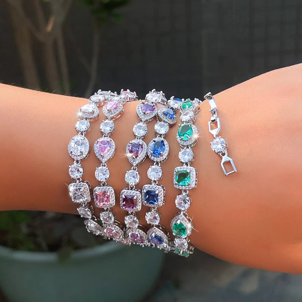 ThreeGraces Elegant Sparkling Water Drop Zirconia Bridal Wedding Party Geometric  Link Chain Bracelet Jewelry for Women BR470