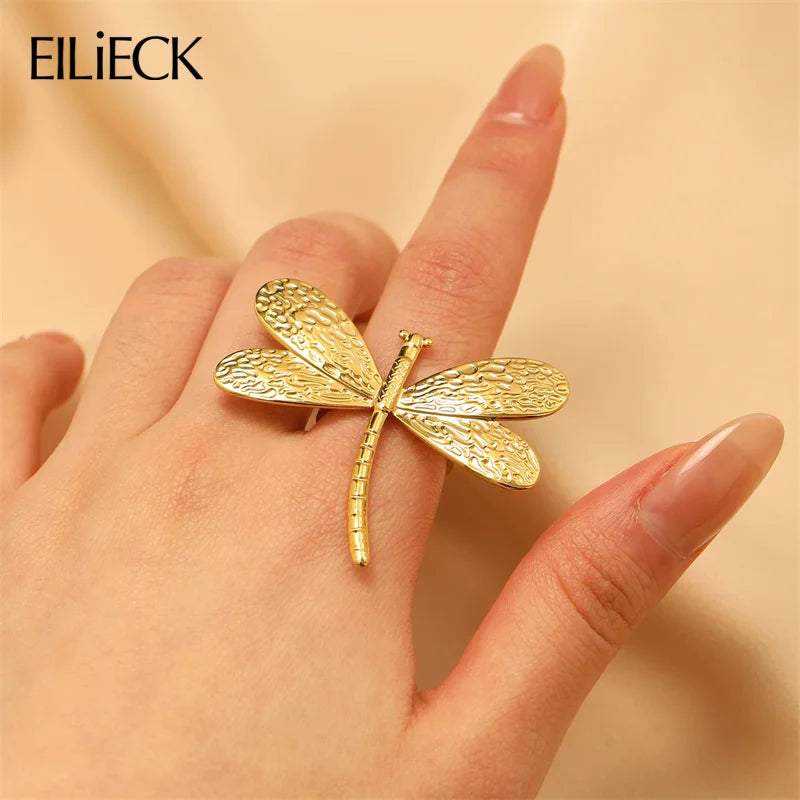 EILIECK  316L Stainless Steel New Design Dragonfly Ring Jewelry Women 18 K Plated Metal Texture Gold Color Ring Accessories