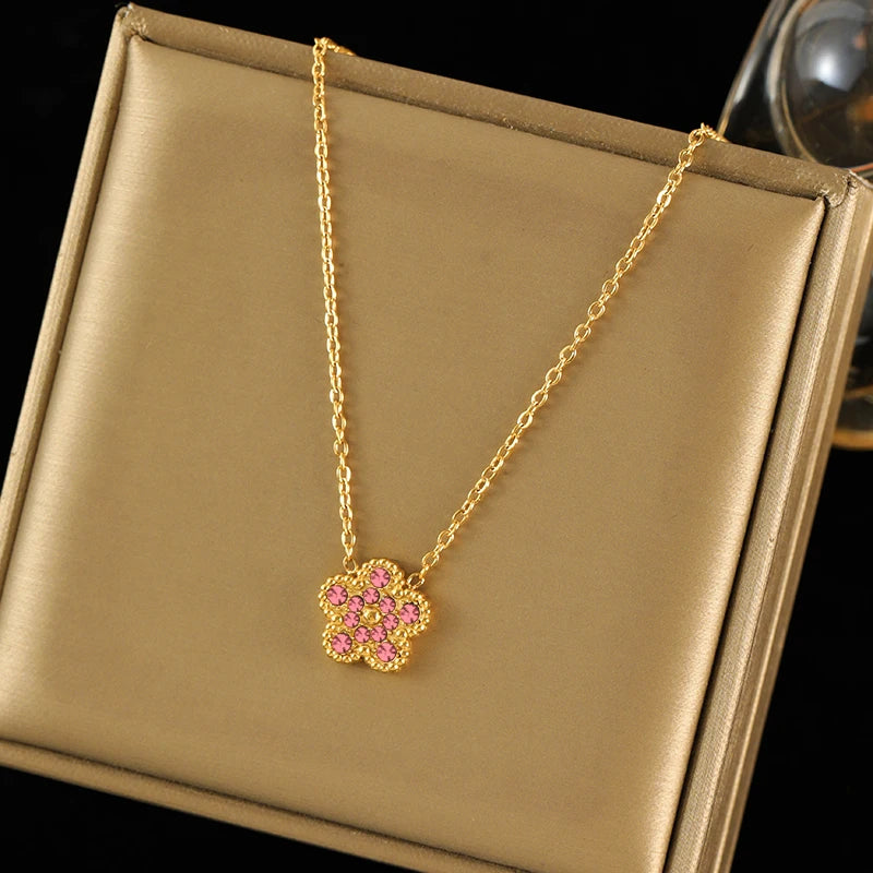 EILIECK New Fashion Stainless Steel Pink Zircon Clover Necklace Bracelet Earrings Set For Women Trendy Flower Jewelry Set Gift