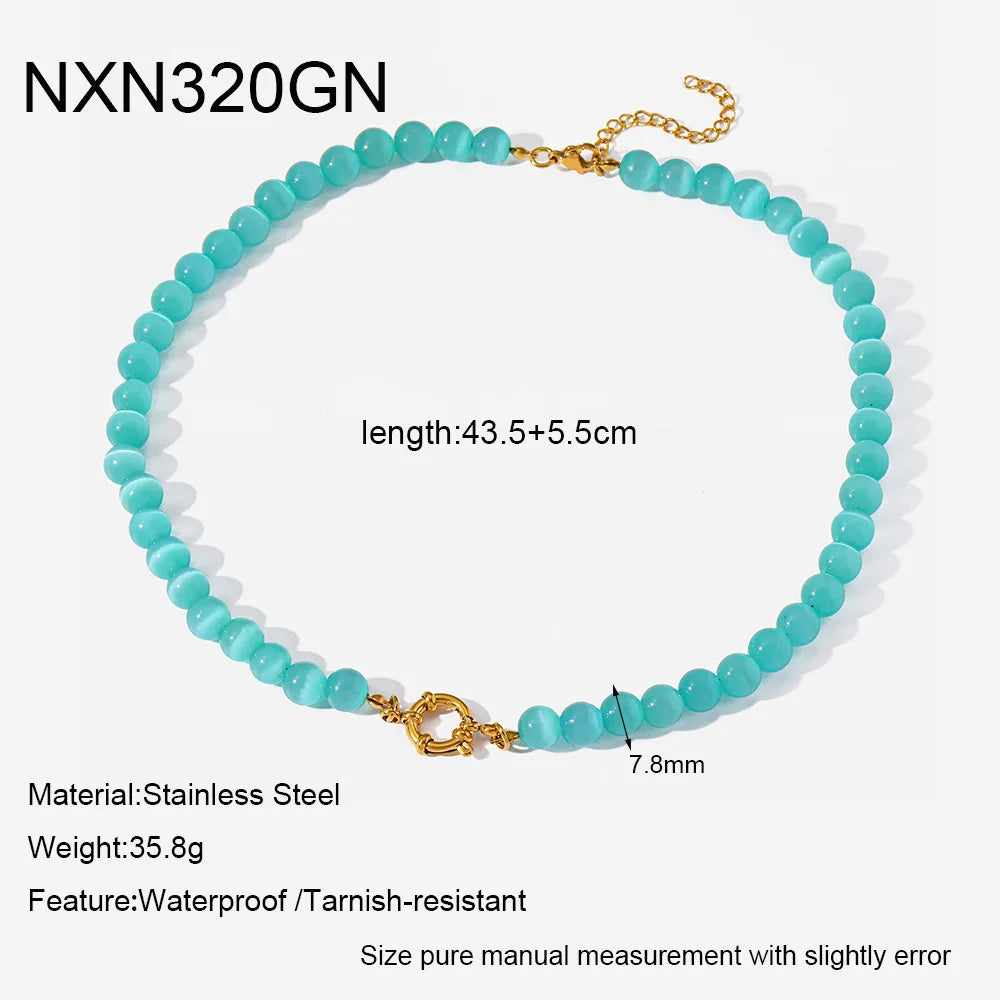 2026 Rainbow Cats Eye Glass Bead Choker Necklace 18K Gold Plated Stainless Steel Summer Bikini Gift for Women Girls