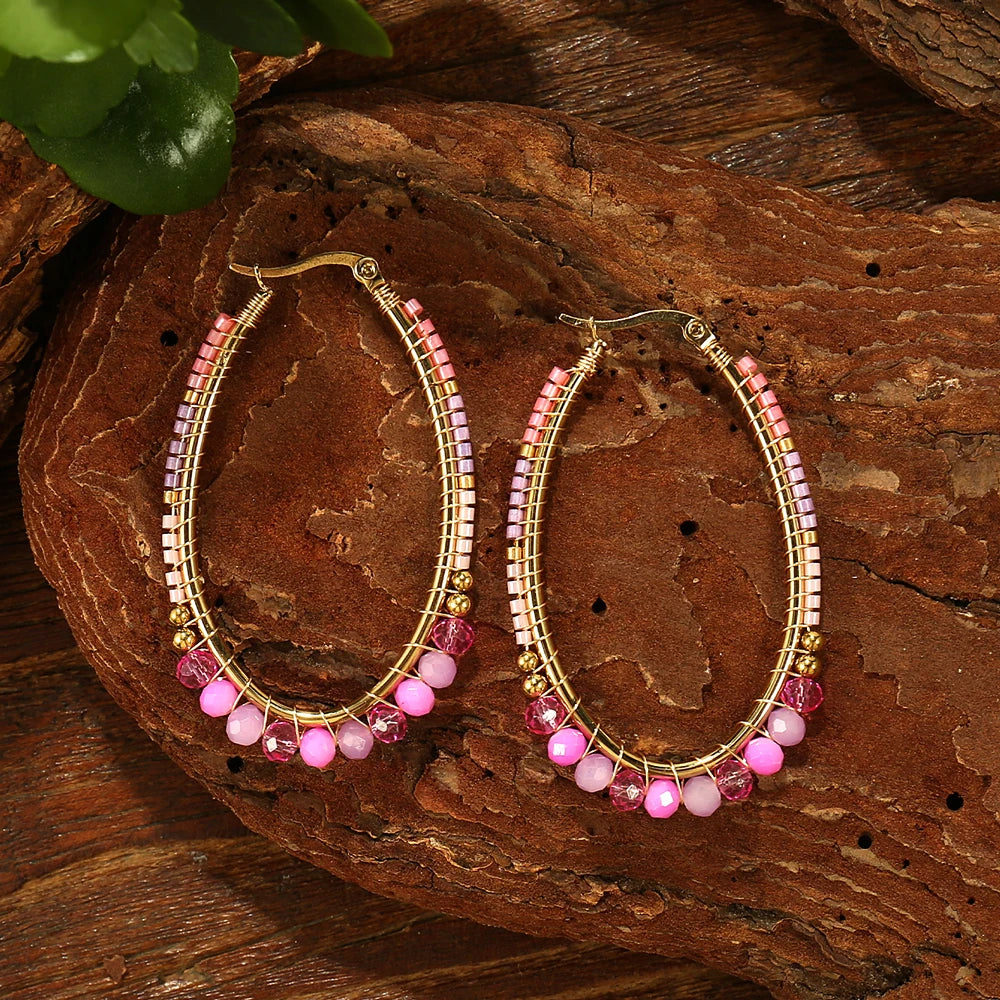 Badu Boho Colorful Woven Crystal Beads Oval Hoop Earrings for Women Stainless Steel Handmade Jewelry Bohemia Fashion Gifts