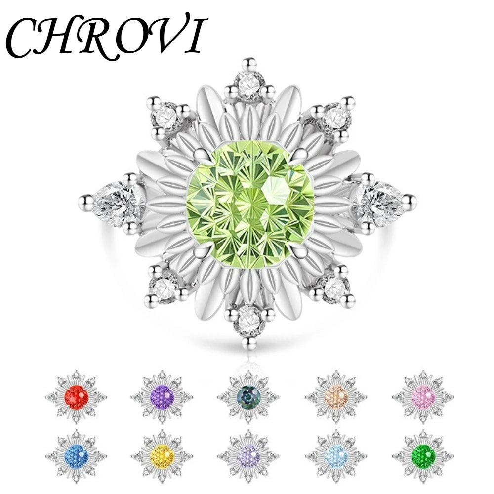 Luxurious 925 sterling silver gemstone flower chrysanthemum ring for women - ultra-shiny sunflower style finger ring