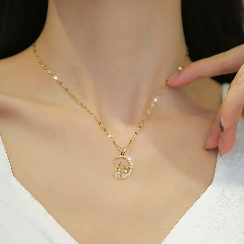 EILIECK 316L Stainless Steel Shine Cubic Zircon Butterfly Pendant Necklace Gold Color Texture Metal Personalized Chain Jewelry