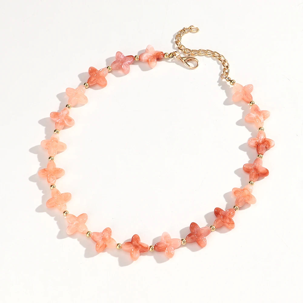 Cute Colorful Geometric Flower Beaded Choker Necklace Sweet Resin Beads Necklaces for Women Spring Summer Jewelry Gifts