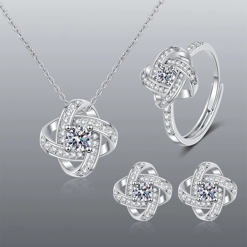 925 Sterling Silver Set High Quality 5A Zircon Necklace Earring Ring Chain Fashion Jewelry For Women Wedding Birthday Gift
