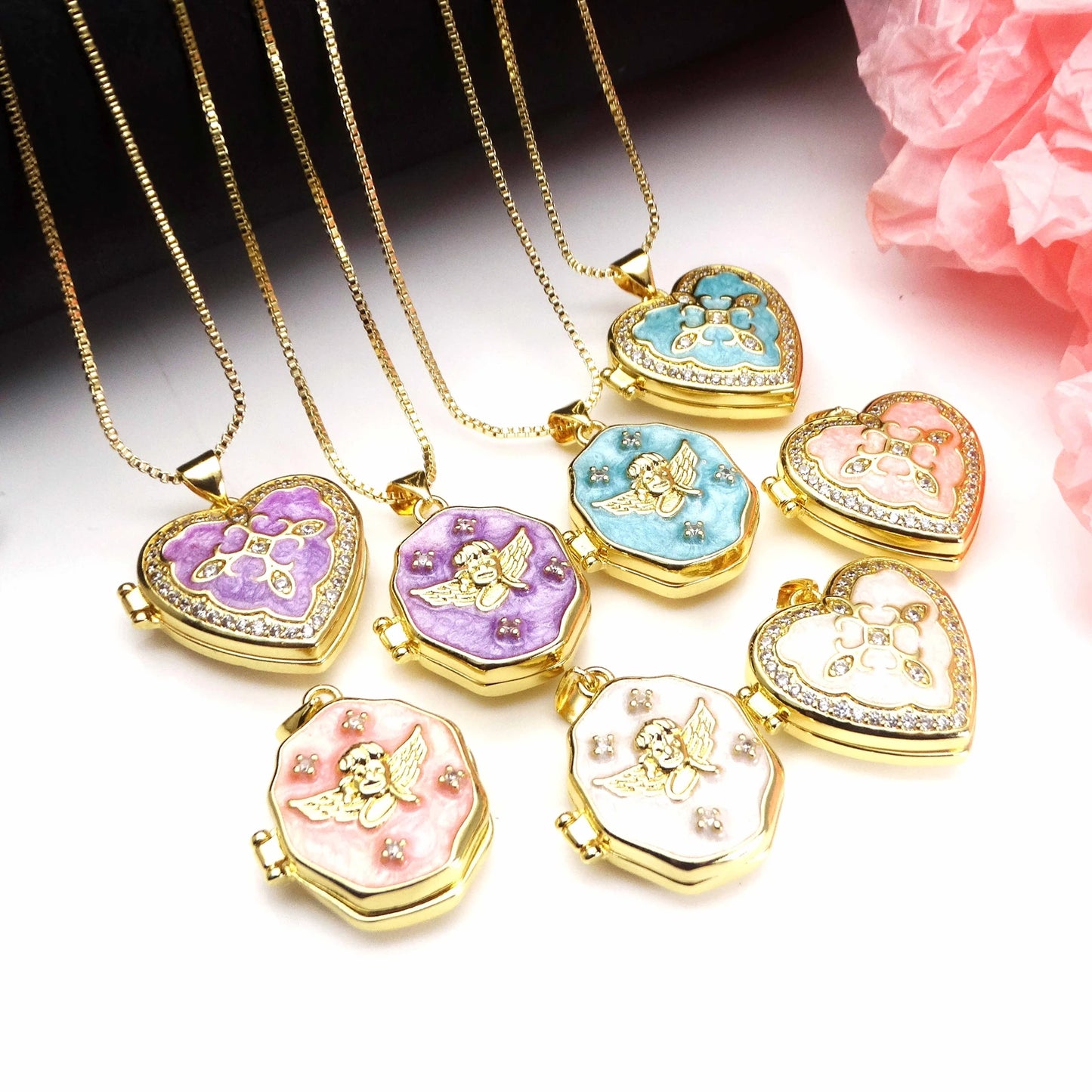 Micro Zircon oil drip photo box Angel Pendant necklace Love heart pendant necklace copper chain jewelry necklace
