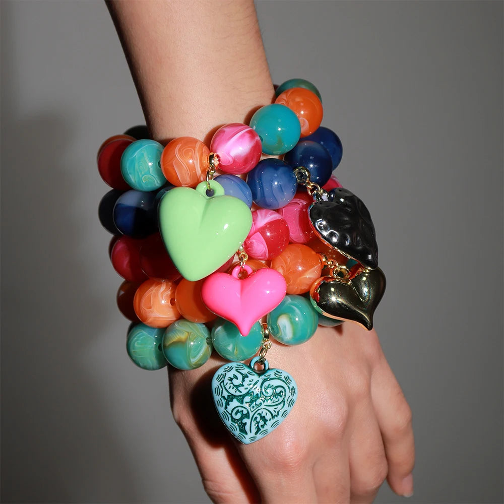 Boho Colorful Round Beads Heart Pendant Elastic Bracelets Fashion Geometric Beaded Bangle Bracelet Women Jewelry Gifts