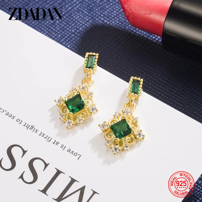 ZDADAN 925 Silver 18K Gold Square Emerald Drop Earrings For Women Wedding Jewelry