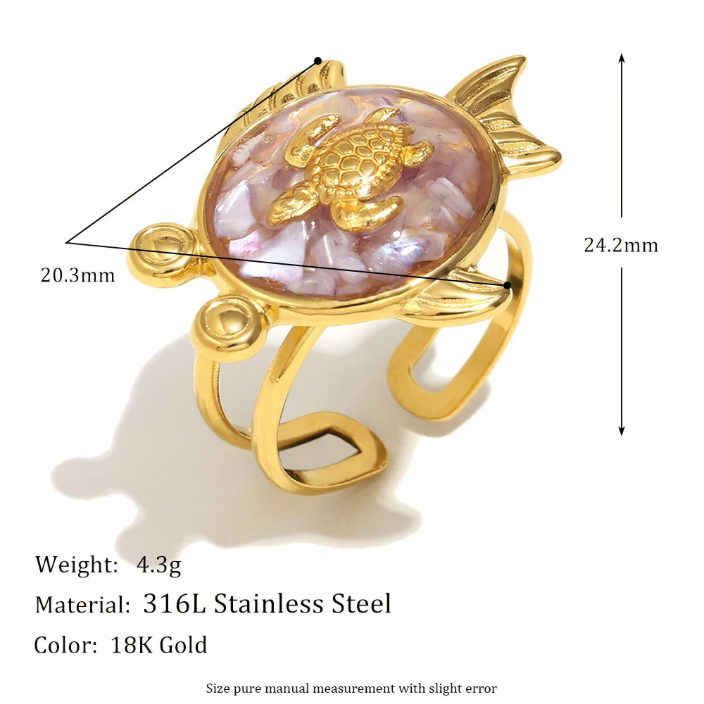 E.B.belle New Design Summer Women Cute Colorful Turtle Open Ring PVD Plated Stainless Steel Unique Holiday Party Jewelry
