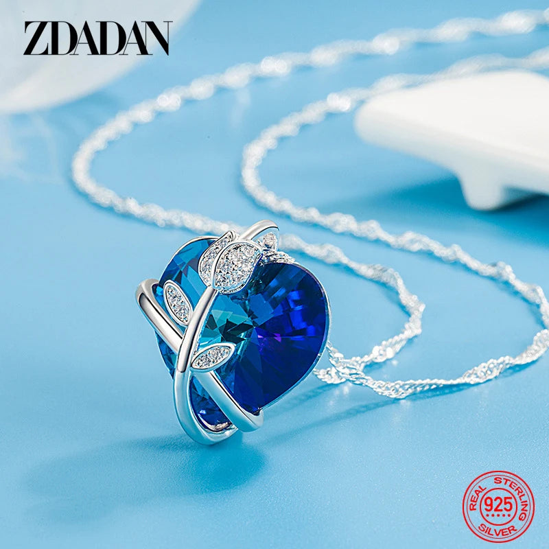 ZDADAN 925 Sterling Silver Rose Flowers Blue Heart Crystal Necklace For Women Fashion Jewelry