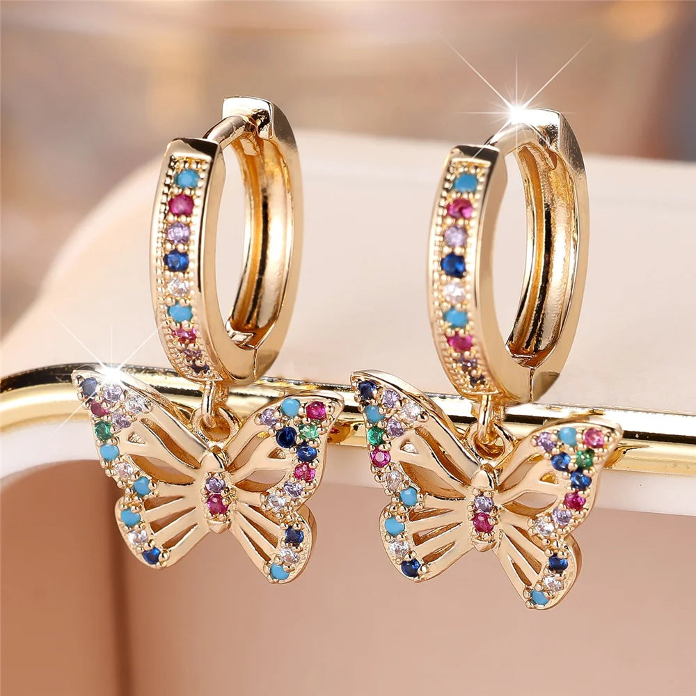 Luxury Female Rainbow Zircon Butterfly Hoop Earrings Fashion Gold Color Wedding Jewelry For Women