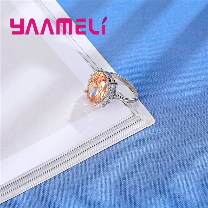 Classic Women Wedding Romantic Jewelry 925 Sterling Silver Color Band Rings Paved Big Oval Champagne Crystals Female Bague