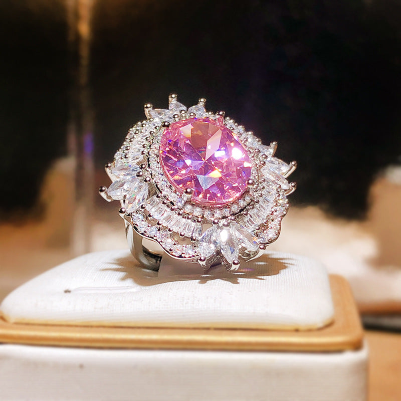 925 Silver Ring New Water Drop Shaped Pink Zircon Full Diamond Opening Ring For Women's Party Wedding Jewelry Gift