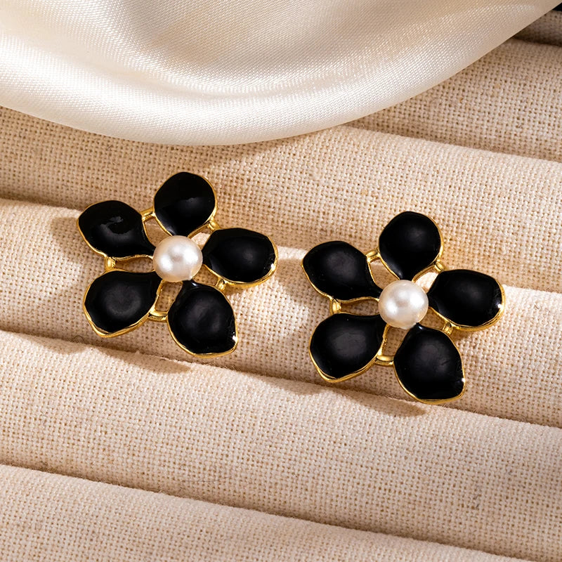ANENJERY 316L Stainless Steel Flowers Imitating Pearls Stud Earrings For Women Luxury Niche Temperament Simple Jewelry Gift
