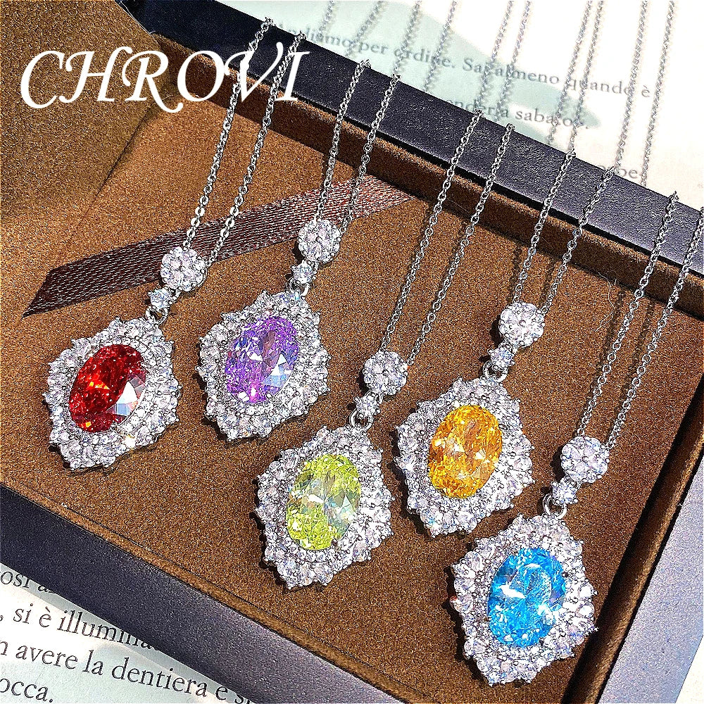 Luxury-Style 925 Sterling Silver Round Ice Flower Necklace for Women - High-Class Elegant Elliptical Full Diamond Collar Chain