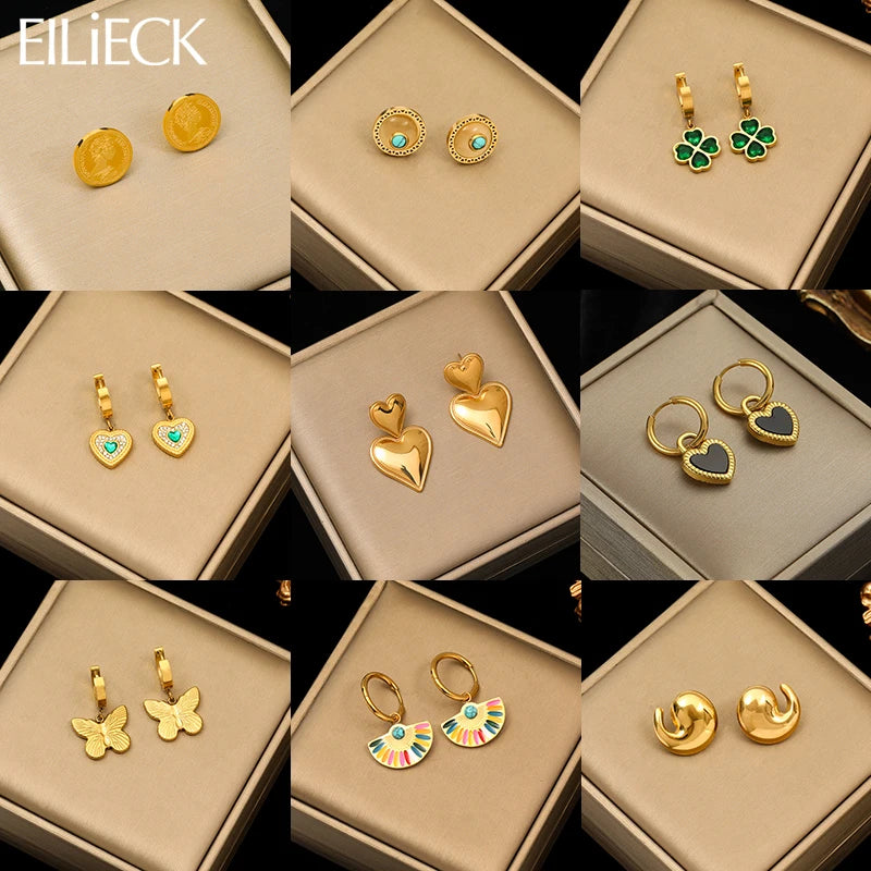 EILIECK 316L Stainless Steel Butterfly Heart Drop Earrings For Women Fashion New Ear Stud Gold-Plated Waterproof Jewelry Gift