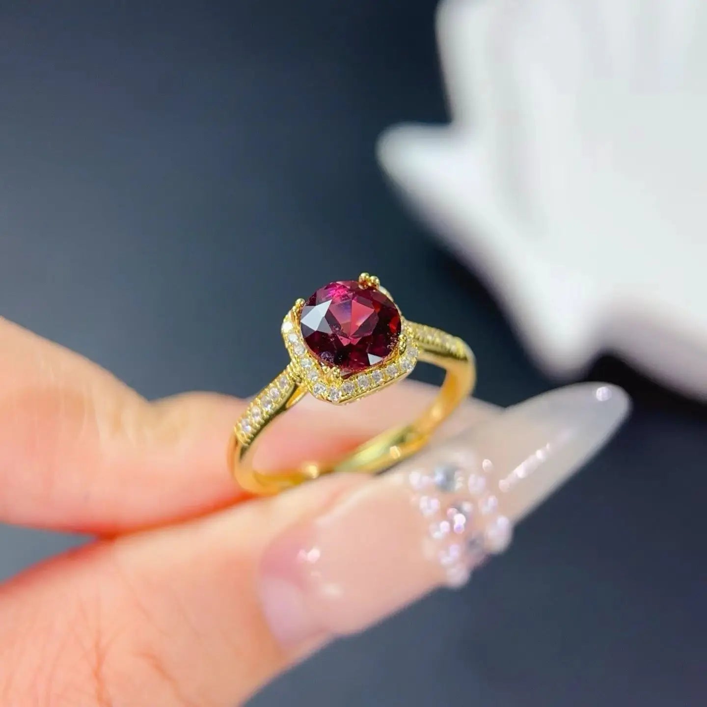 Real Natural Pyrope Garnet Ring with Free Jewelry Certificate 7mm 1ct Garnet 925 Silver Ring with 3 Layers 18K Gold Plating