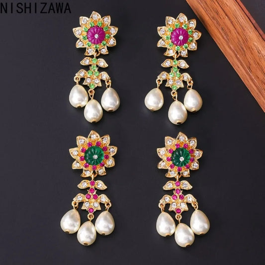 NISHIZAWA Women Pearls Earrings Vintage Colorful Rhinestones Flowers Jewelry Light Luxury Fashion Elegant Aretes De Mujer