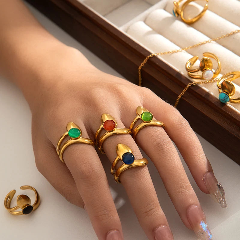 ANENJERY 316L Stainless Steel Colorful Stone Water Droplets Open Ring for Women Personality Niche Jewelry Niche Gifts Wholesale